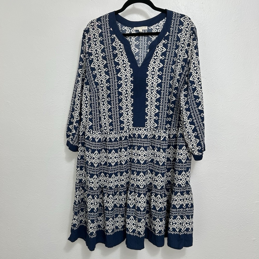 Fig and Flower Blue Cream Geometric Dress Anthropologie BOHO Peasant Relaxed 1X